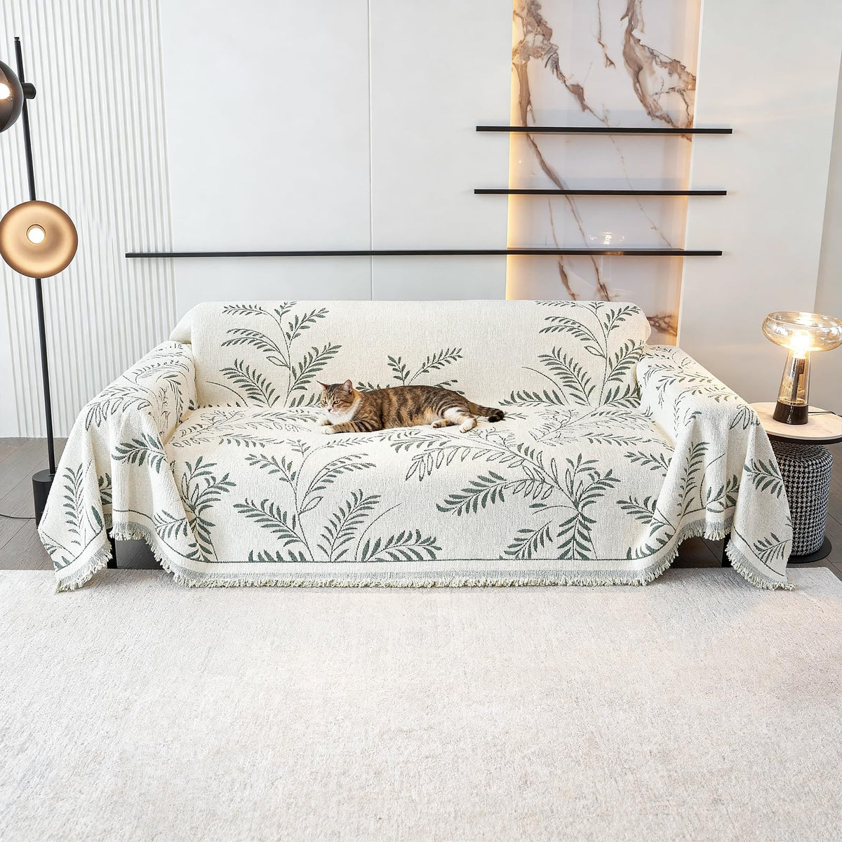 VOGOL Anti-Scratch Chenille Couch Cover, Sage Green Leaf Pattern Sofa Protector, 70x134 Durable Woven Throw for 3 Cushion Couch, Modern Living Room Decor, 1 Pack