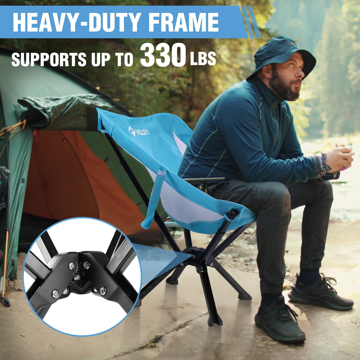 VILLEY Portable Folding Chair Lightweight Camping Chair No Assembly Needed, Quick Setup for Beach, Hiking, Supports 330 LBS, Blue, 2 Pack