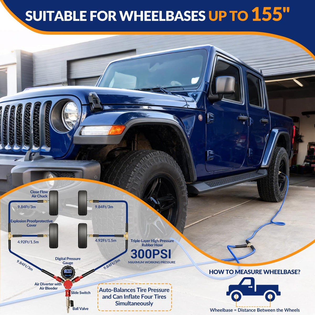 MILADO 4 Tire Inflation System, 4 Tire Inflation Deflation System, 4 Way Tire Inflator, Off Road Tire Inflator with Gauge, Air Down Tire Deflators Kit for Trucks Jeeps Fits Up to 155" Wheelbase