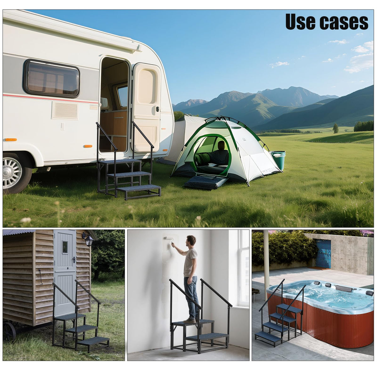 RV Steps with 2 Handrail, 4-Step Heavy Duty Hot Tub Steps, Non-Slip Outdoor Spa Steps for RV, Camper, Trailer, Mobile Home, Porch, Portable Ladder Stairs with Anti-Slip Mats (4 Steps with 2 Handrail)