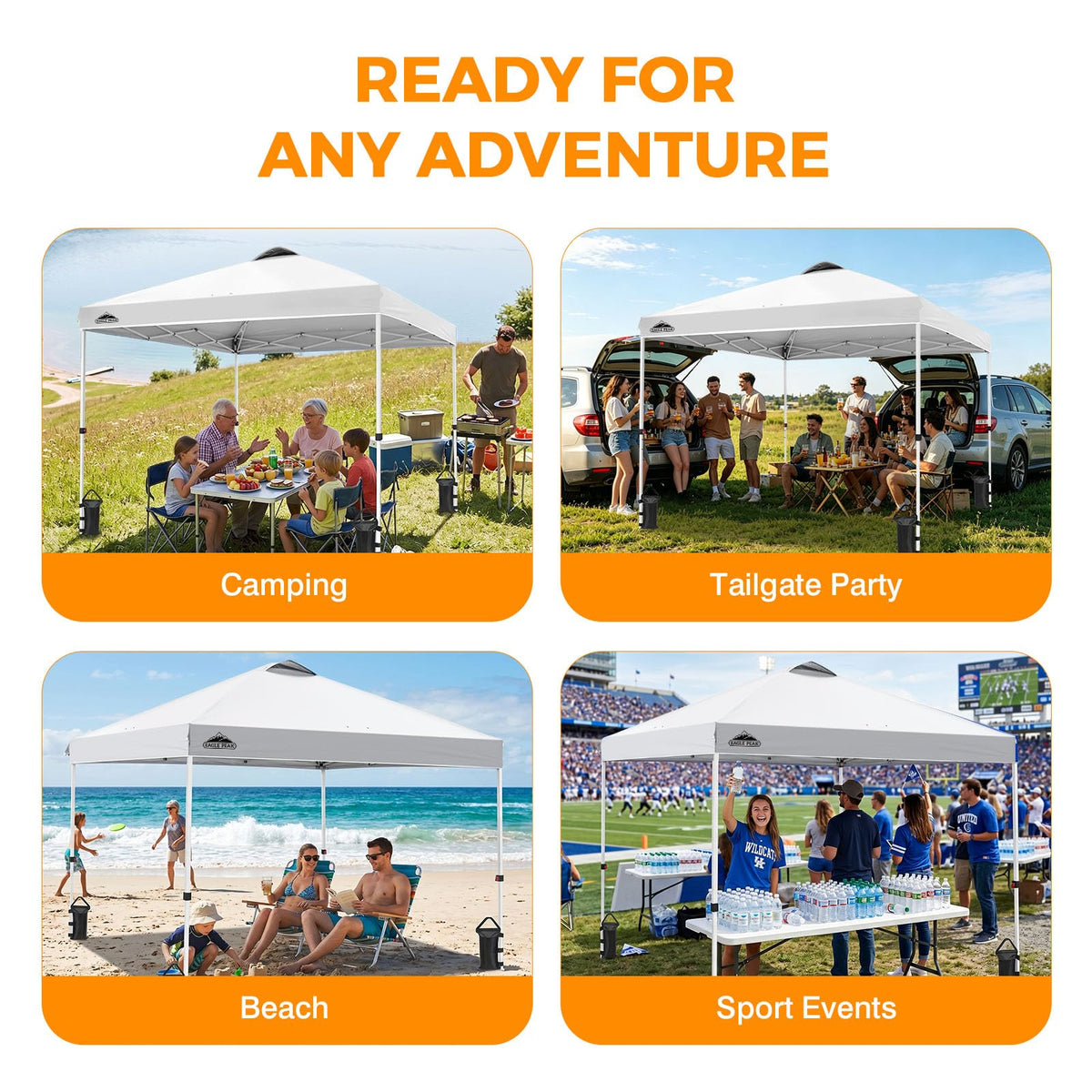 EAGLE PEAK Pop Up Canopy Tent with Wheeled Carry Bag, 8 Stakes, 4 Ropes, 4 Weight Bags, Easy Set Up Tent Canopy, 10x10 ft, 100sqft of Shade, White