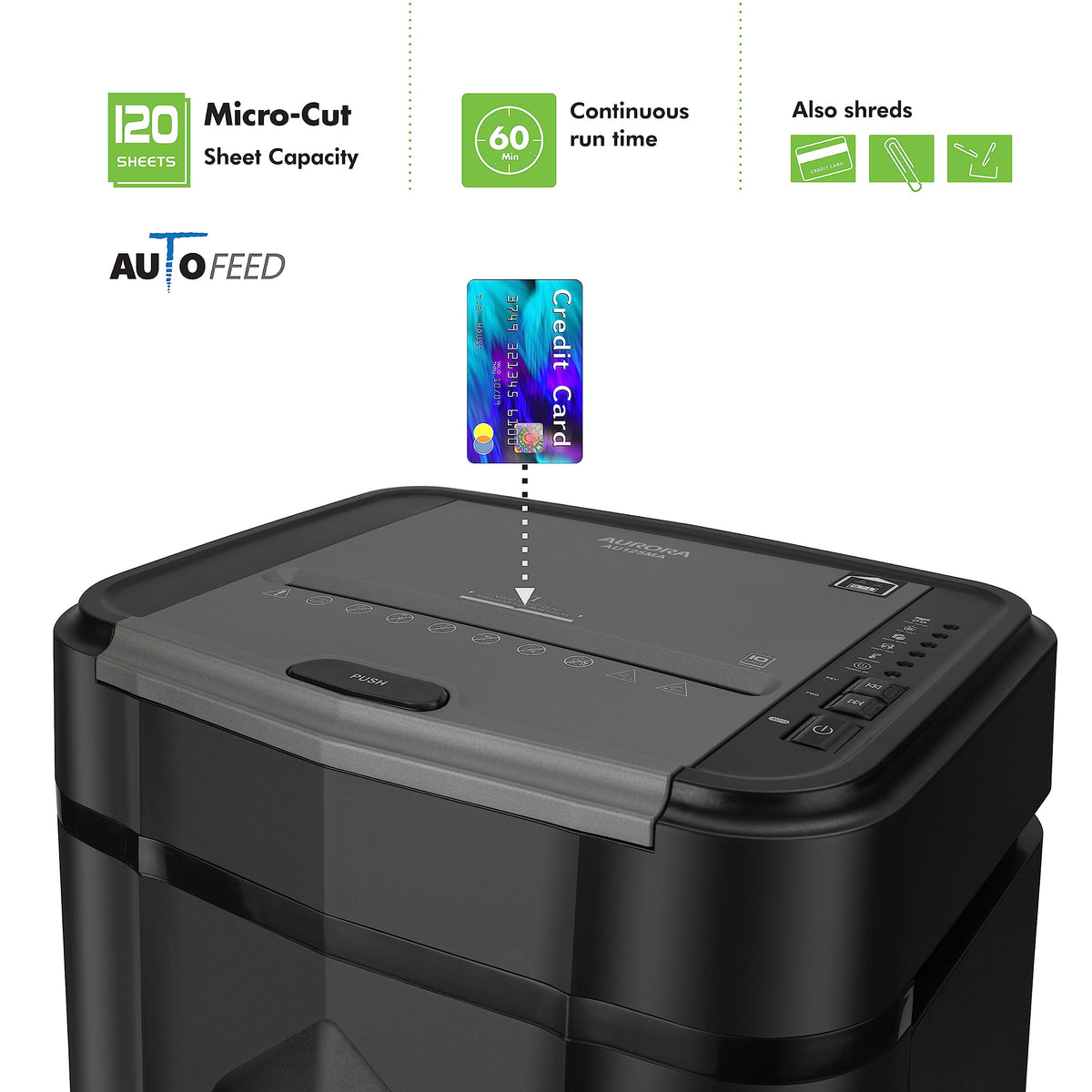 Aurora Professional Grade AU125MA 120-Sheet Auto Feed High-Security Micro-Cut Paper Shredder/60 Minutes/Security Level P-5