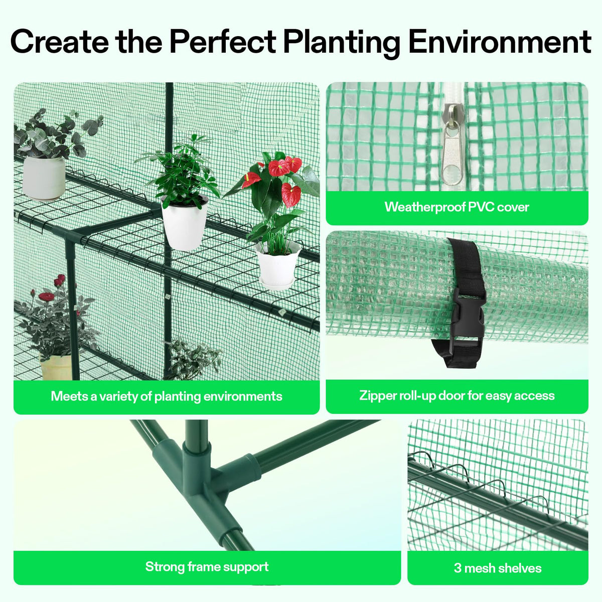 VIVOSUN 57x57x77 Inch Mini Walk in Green House with Window and Anchor, Plant Garden Hot House 2 Tiers 8 Shelves, 4.7 x 4.7 x 6.4 FT