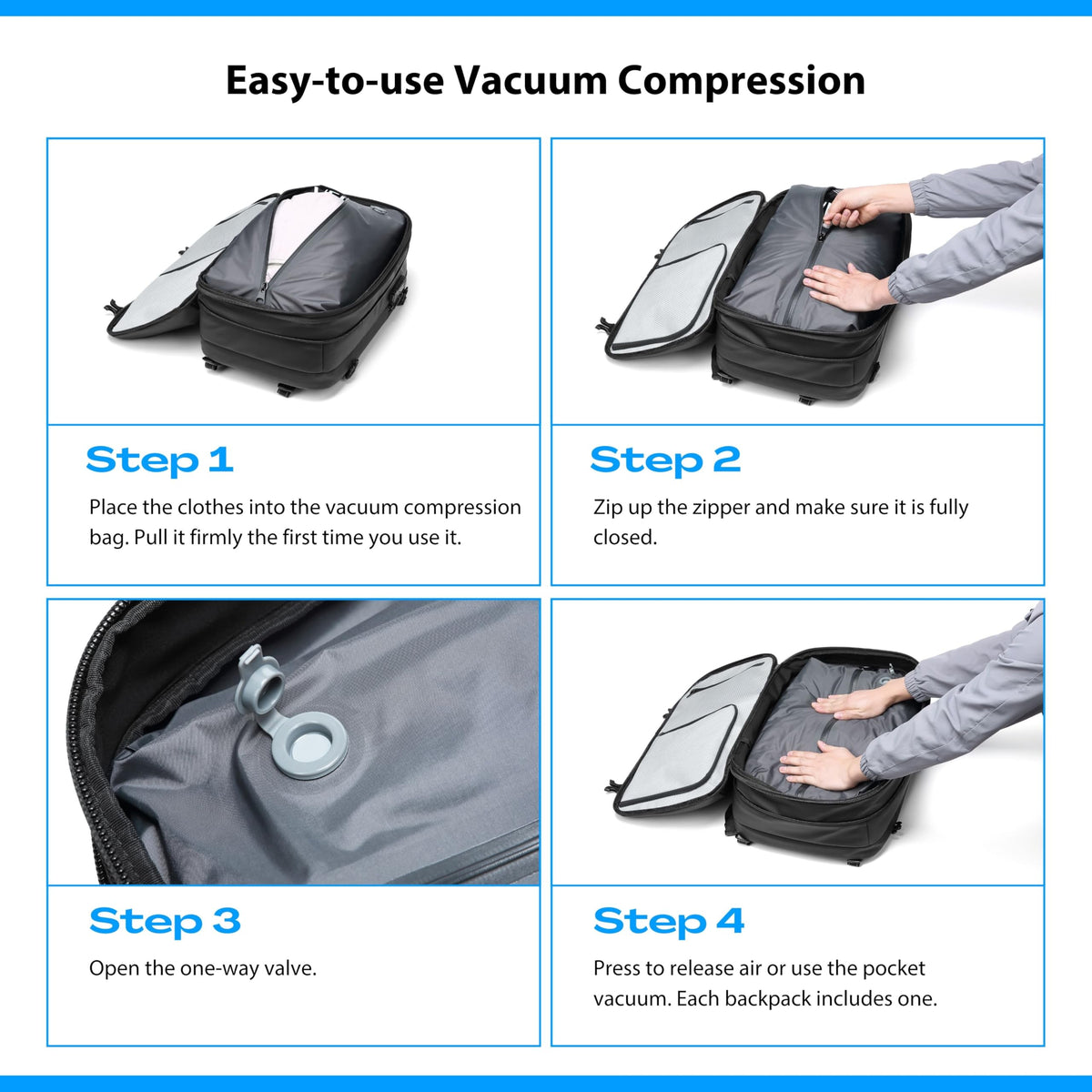 MEGABACK Vacuum Backpack Travel with Pump, 60L Expandable Airbag Travel Backpack, Travel Backpack with Vacuum System, TSA Lock, USB Charging Port, Water Resistant