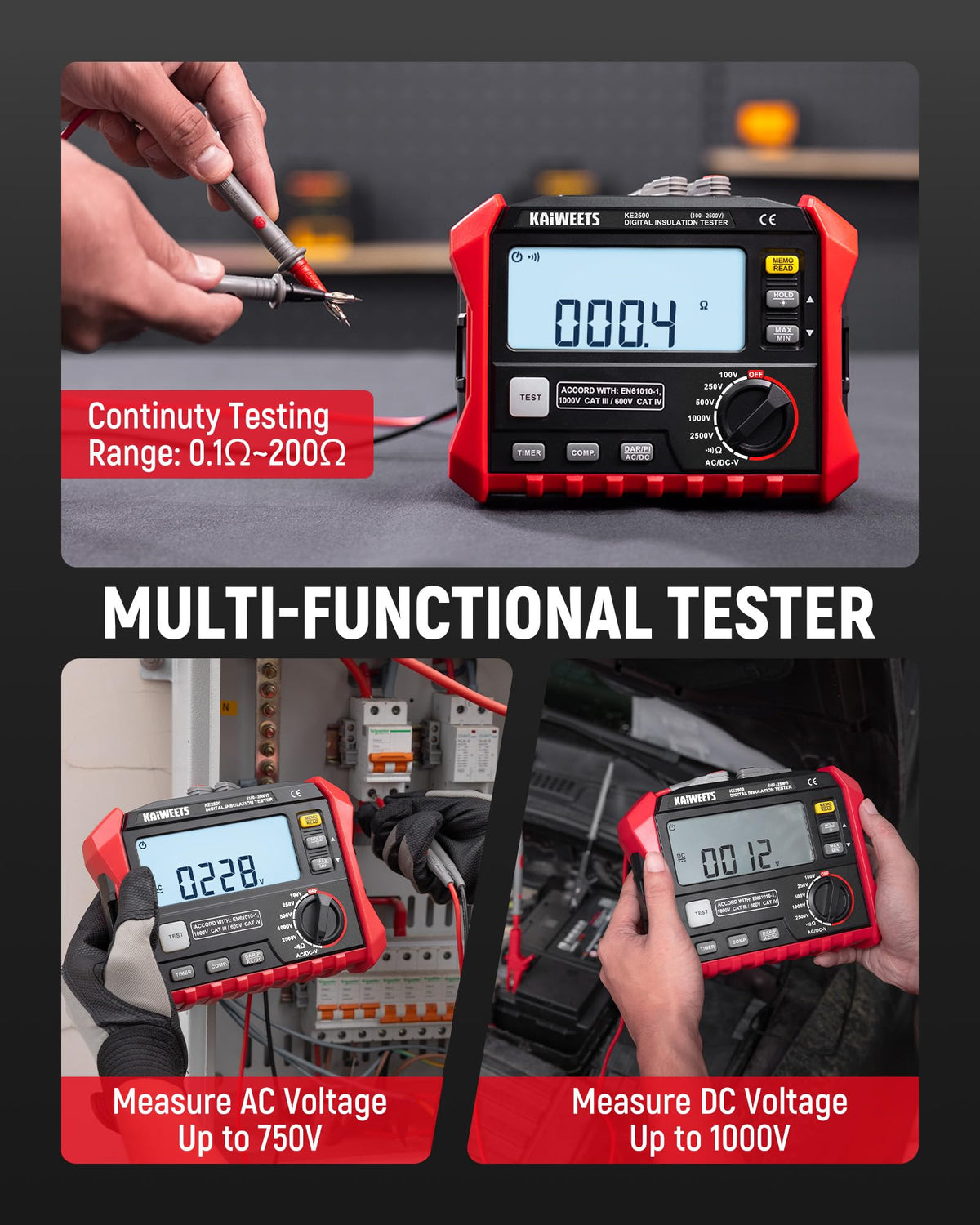 KAIWEETS Insulation Resistance Tester, Up to 200GΩ, Pro Megohmmeter, 5 Range 100V/250V/500V/1000V/2500V, One-Toch DAR/PI, Max/Min, Measures Resistance, AC/DC Voltage for HVAC, Motors, Solar, KE2500