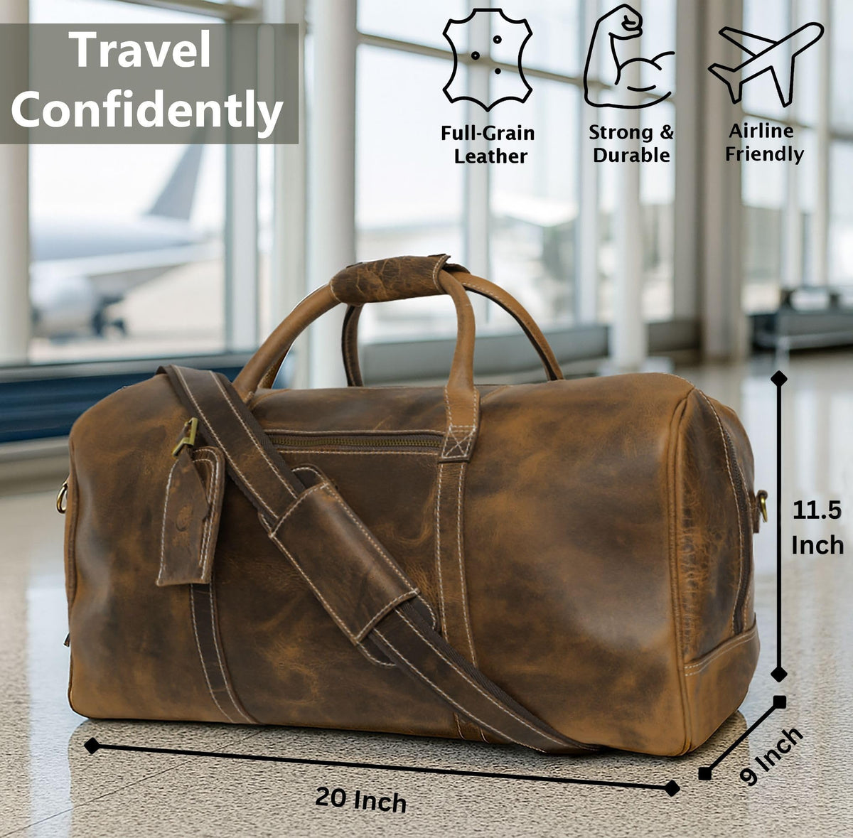 Leather Travel Duffel Bag - Airplane Underseat Carry On Bags By Rustic Town (Medium, Brown)