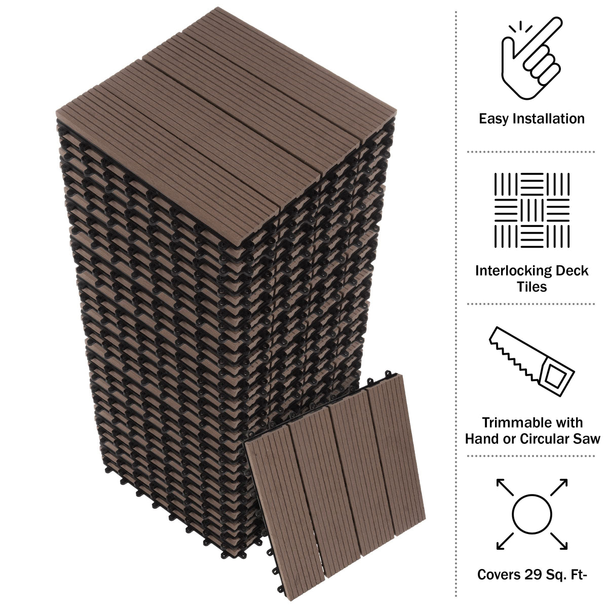 Interlocking Deck Tiles - 30-Pack 11.6-in Wood Plastic Composite All-Weather Outdoor Flooring Balcony Poolside or Patio by Pure Garden (Mocha Brown)