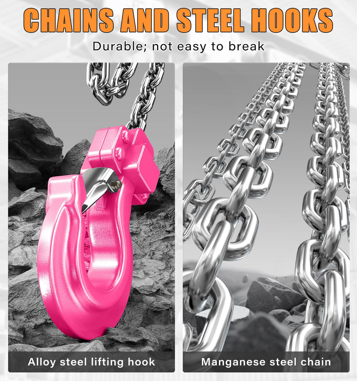 HUGOASIS Aluminum Alloy Hand Chain Hoist 2 Ton 4400lbs Capacity 10ft,Portable Dual Brake Chain Block with Galvanized Chain, 360° Swivel Hook for Garage Warehouse Construction, Workshop Lifting,Pink