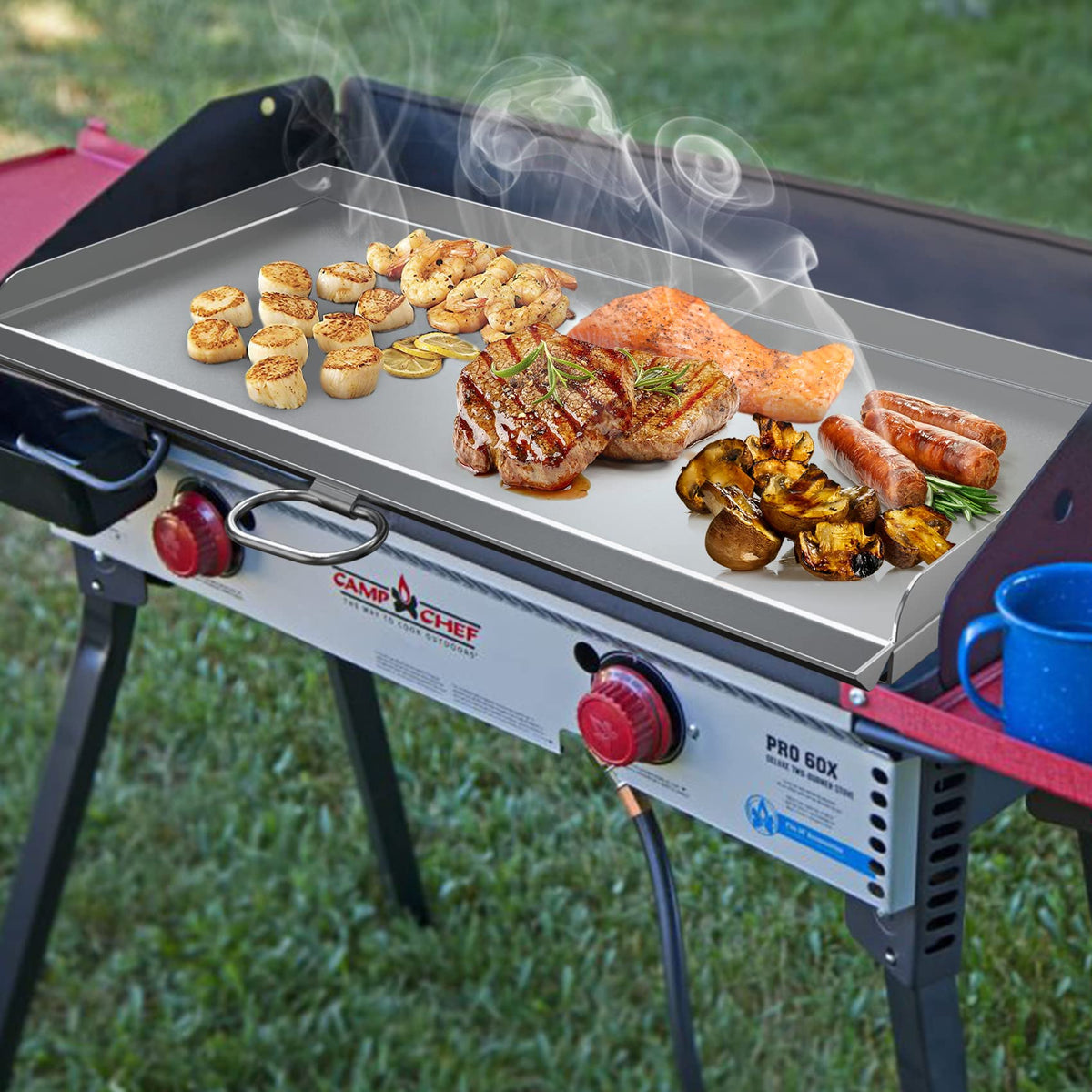 Stanbroil Cast Stainless Steel Replacement Cooking Griddle with Handle for Camp Chef SG60, Fits Camp Chef 14” 2 Burner Stove Cooking System and Other Similar Grills