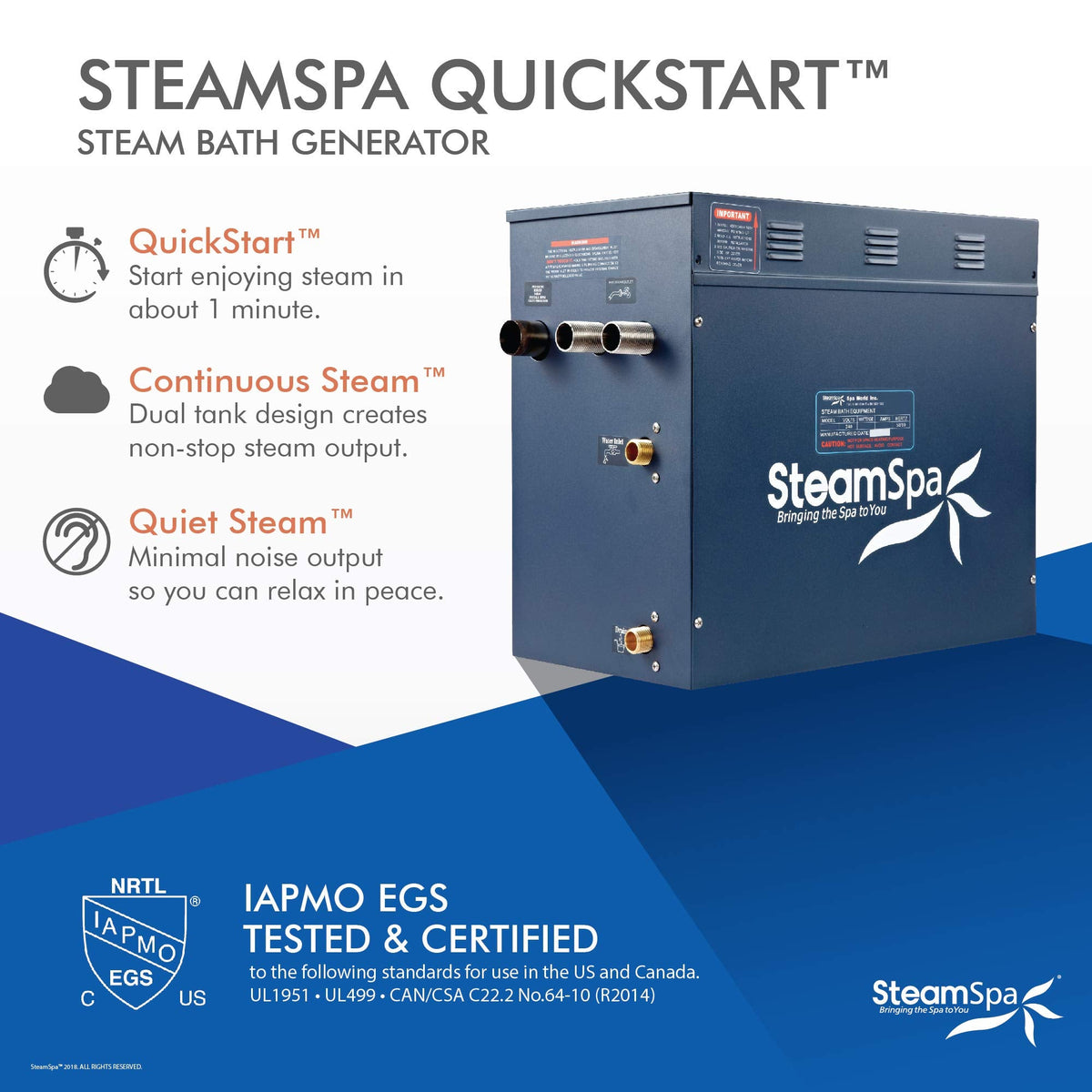 SteamSpa 12kW Steam Sauna Generator Executive Bundle 240V Steam Generator with Touch Pad, Steamheads, Pressure Relief Valve, Built-in Auto Drain, LED Light, Filter and Quick Install Kit EXT1200BN-A