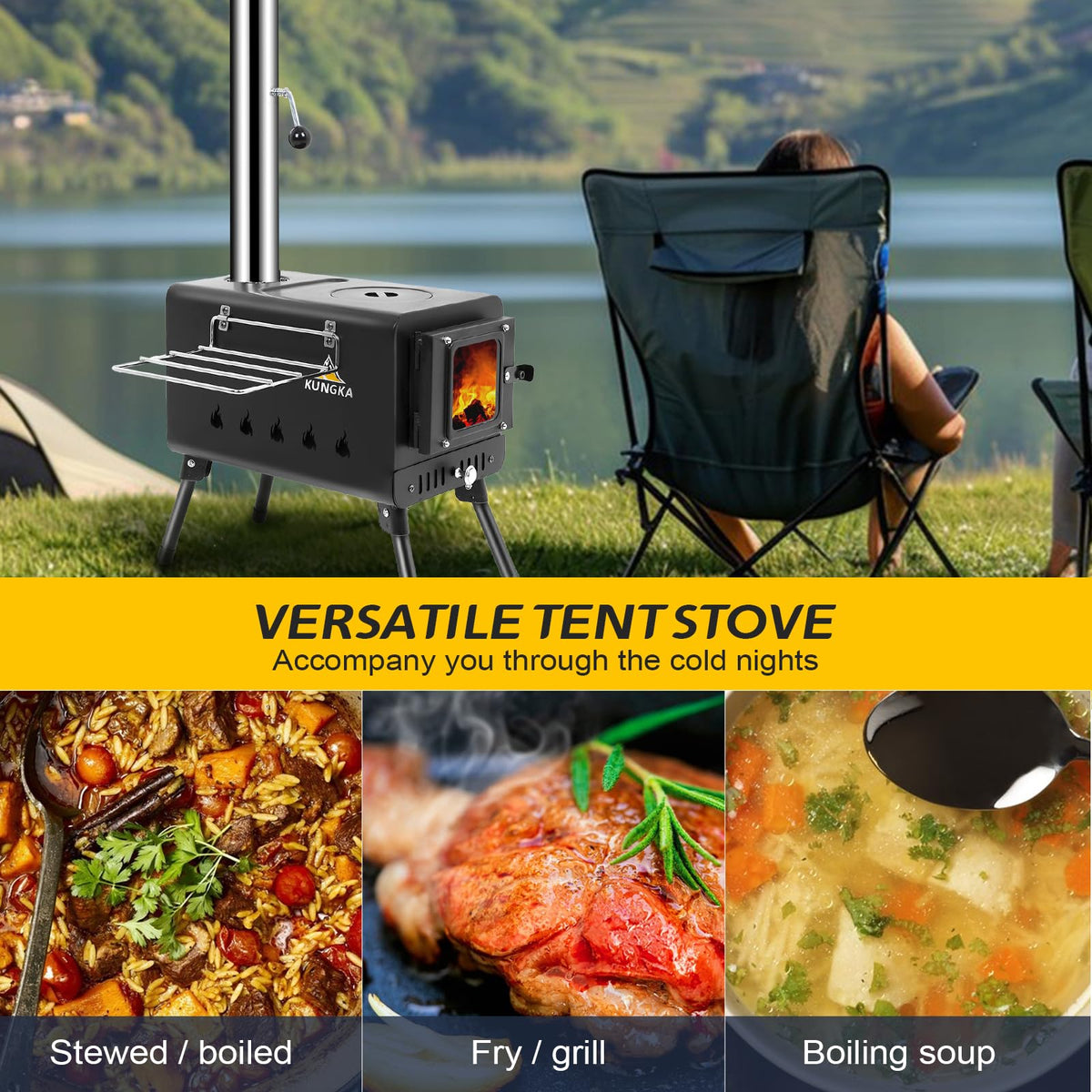 Black Wood Burning Tent Stove, 7 Section & 6 ft height Stainless Steel Chimney with diameter 2.24", Kungka Portable Hot Tent Stove for Heating & Cooking, Camping, Hunting, Ice Fishing