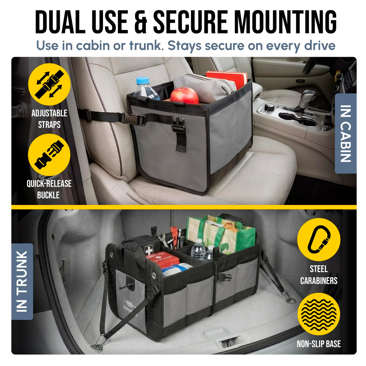 DURABLEZ Modular 5-Section Trunk Organizer XL – Car Storage for Groceries, Tools, Sports Gear, Emergency Kits – Extra Large Multi-Module Cargo Box, Foldable, Detachable, Heavy Duty Design – Gray