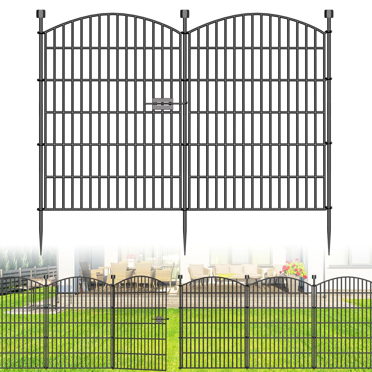 10 Panels No Dig Decorative Garden Fence with Gate - 40 in (H) x 23.6 ft (L), Dog Fence Outdoor for Yard, Rustproof Metal Animal Barrier Ground Stakes Fencing for Garden, Patio, Flower Bed