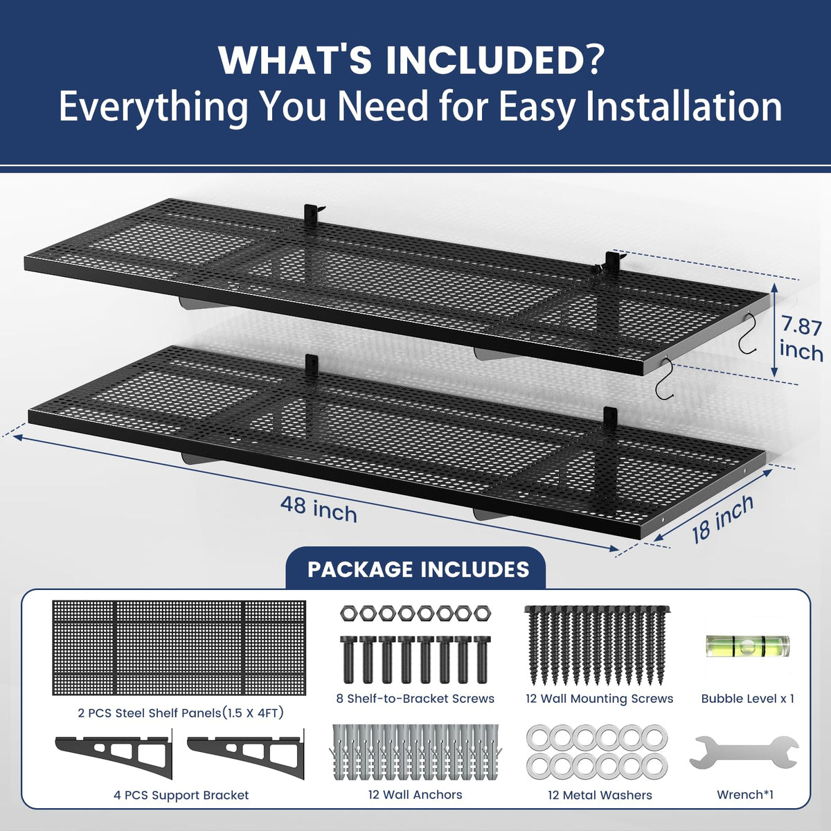 ZUCIRE 2-Pack Garage Wall Shelving, 1.5 x 4 FT Heavy Duty Wall Mounted Garage Storage Shelves, 500 lbs Capacity Metal Garage Rack with 8 Hooks, Hanging Storage Shelf for Tools, Bins and Equipment