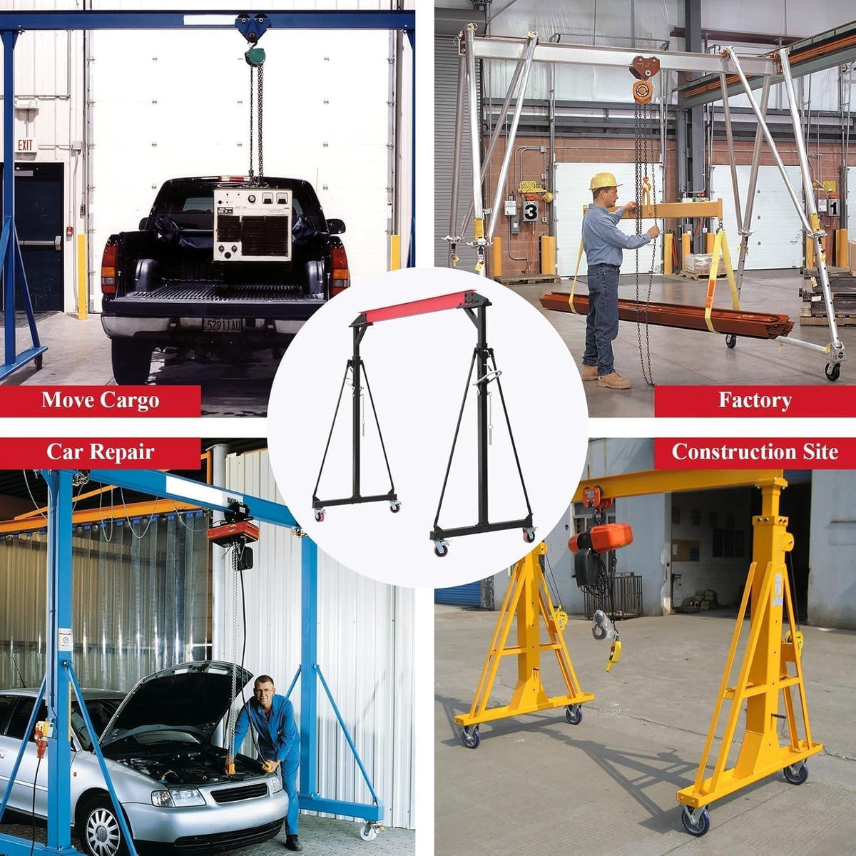 1 Ton Adjustable Height Gantry Crane with Locking Casters - 2200 LBS Heavy Duty Steel Shop Crane for Workshop, Garage, Warehouse