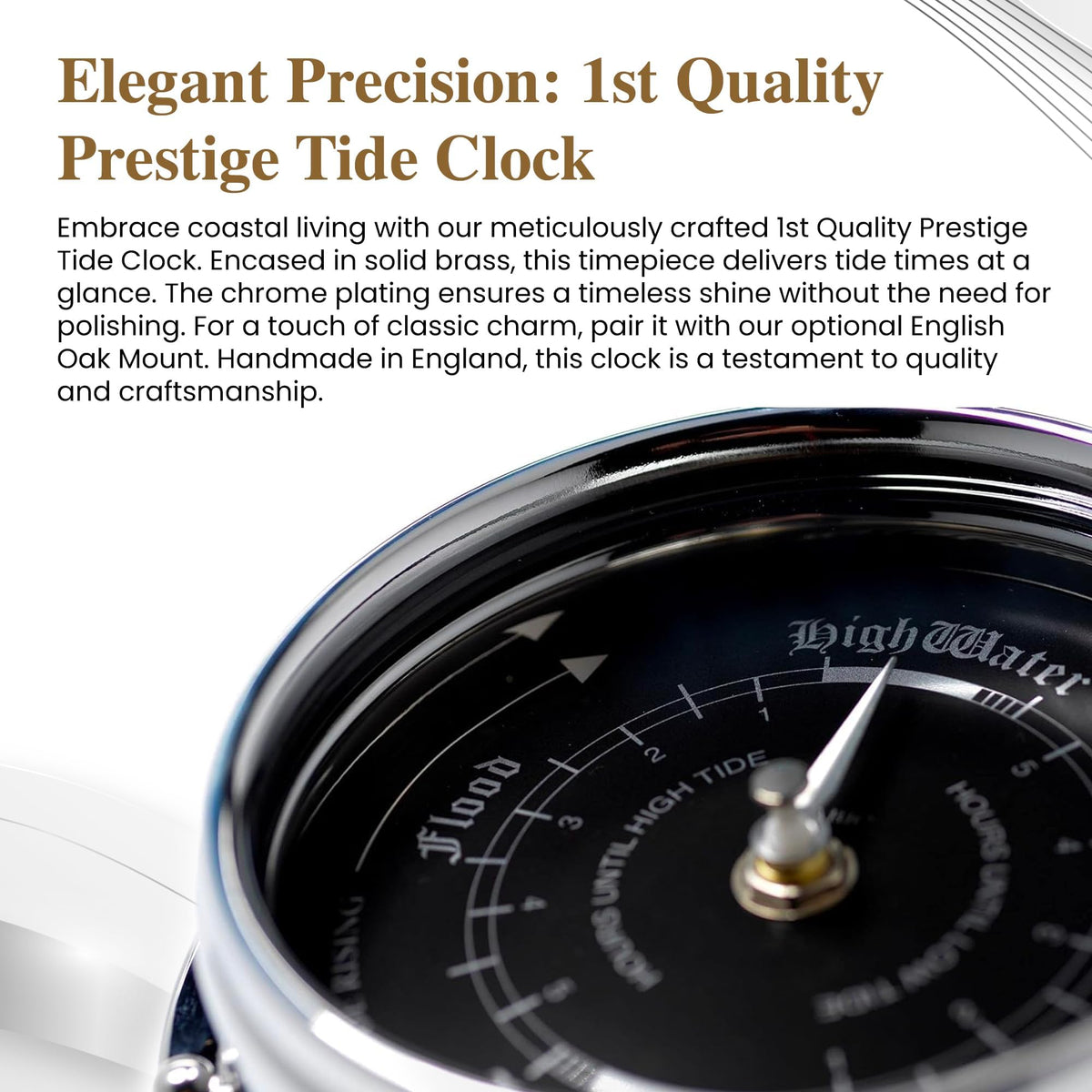 Tabic Prestige Tide Clock in Chrome with Jet Black Dial, Traditional Marine Tide Wall Clock, Ocean-Themed Nautical Clock for Beach Enthusiasts - Heavy Chrome Plated, Handcrafted in England