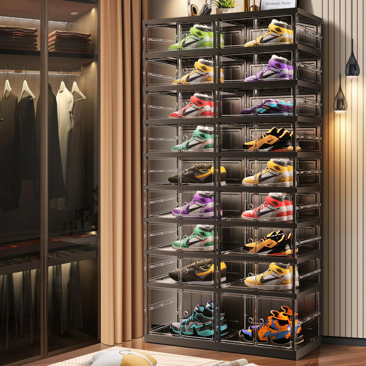 CIMLORD 9-Tier Foldable Shoe Rack for Closet Entryway 18-36Pairs,Stackable Clear Shoe Storage Boxes Organizer with Door Plastic Shoe Cabinet Bins with Lids Shoes Shelf Easy Assembly Large Black