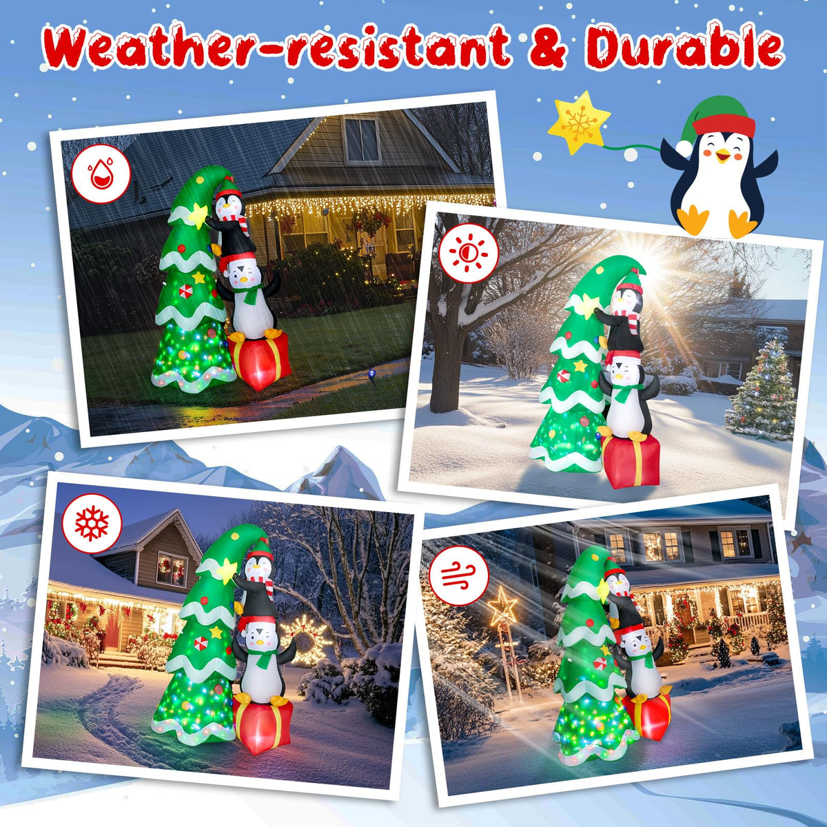 7FT Inflatable Christmas Tree Outdoor Decorations, Blow up Christmas Tree with Penguins & Gift Box Yard Decorations, Build-in LED Lights for Holiday Party Indoor Garden Lawn Patio Festive Decor