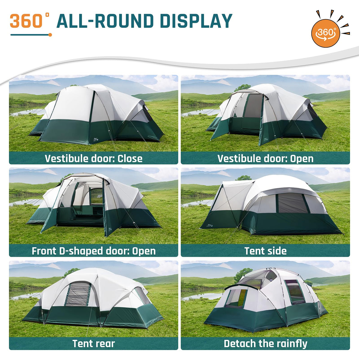 8 Person Camping Tent with Porch, Large Family Tents for Camping, PU1000MM Waterproof Tent with 5 Mesh Windows, Removable Rainfly, Reflective Windproof Rope, Big Dome Tent Fits 3 Queen Airbeds