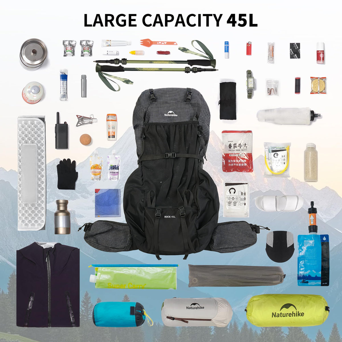 Naturehike 45L Rock 2.0 Upgraded Internal Frame Hiking Backpack for Outdoor Camping Travel Backpacking, Ultralight with Rain Cover Backpack for Adults(Black/L/45L)