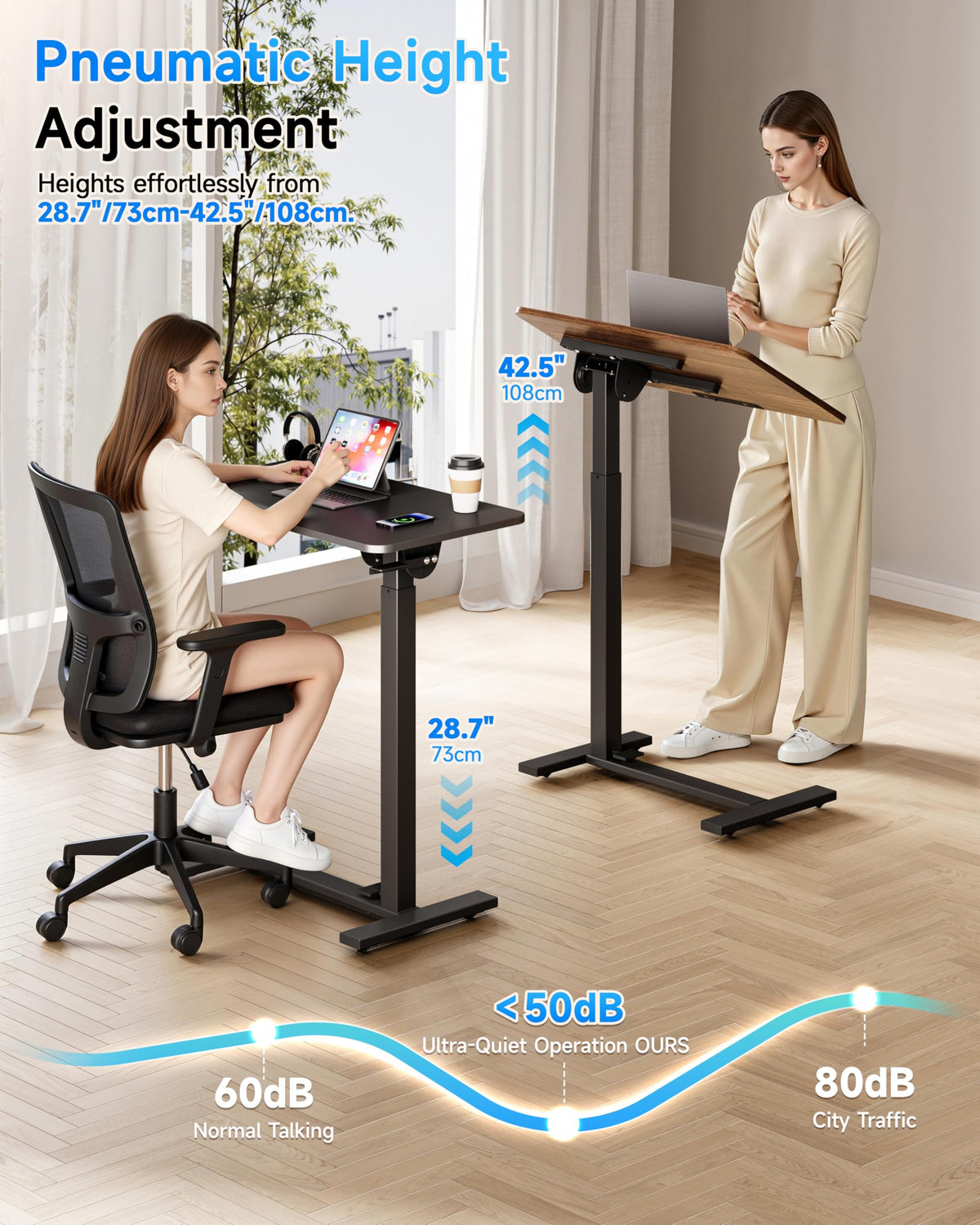 BIZUM Mobile Standing Desk Laptop Desk Pneumatic with Wheels 180° Tilt Top Hospital Bed Table Portable Rolling Cart Foldable Bedside Table for Hospital&Home Use, Walnut