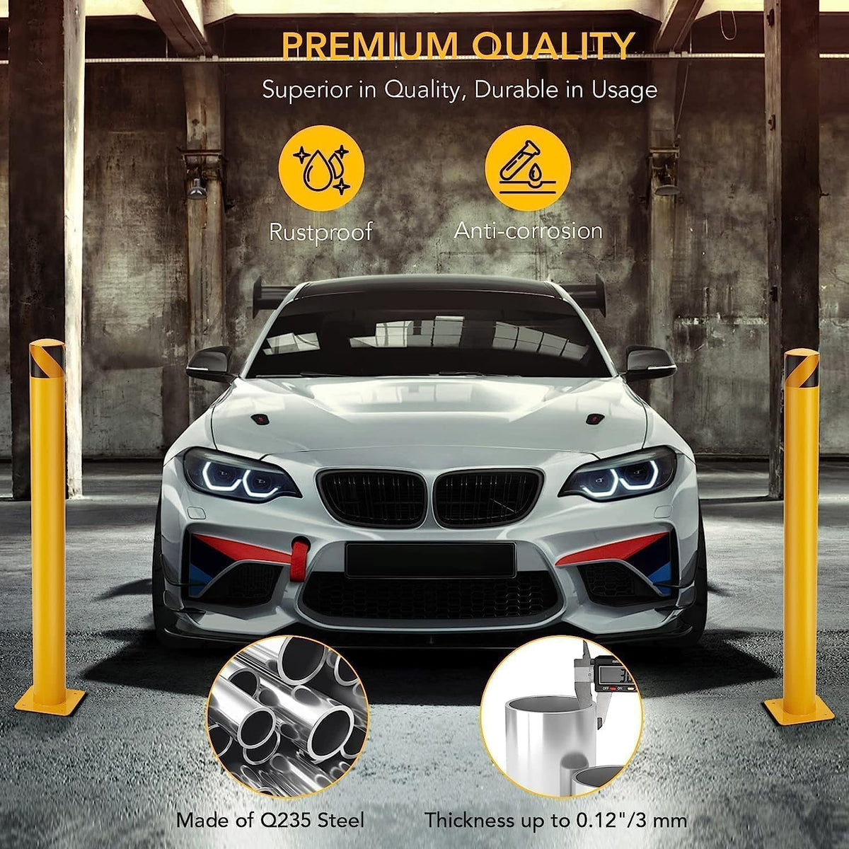 Safety Bollard, 6 Packs 48 Inch Height Bollard Post, 4.5 Inch Diameter, Yellow Safety Steel Bollard Post, with 24 Anchor Bolts, for Traffic Control, Driveway Barrier, Parking Pole