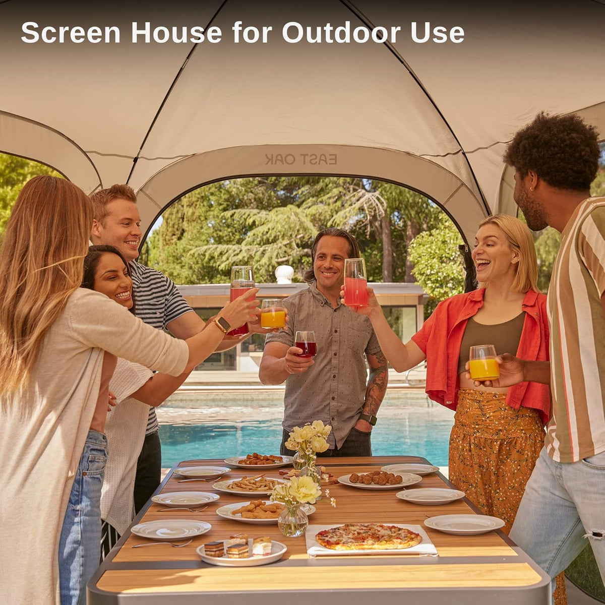 East Oak Screen House Tent Pop-Up, Portable Screen Room Canopy Instant Pop Up Screen Tent 12 x 12 FT with Carry Bag for Patio, Backyard, Deck & Outdoor Activities, Beige
