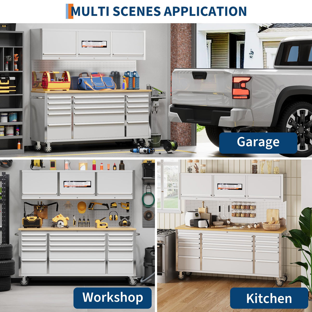 PeacefulHues 72 Inch Rolling Tool Chest with 15 Drawers, Rubber Wood Workbench Top, Anti-Fingerprint Steel, Lockable Wheels & Key Lock, Mobile Storage Cabinet Organizer for Garage & Workshop