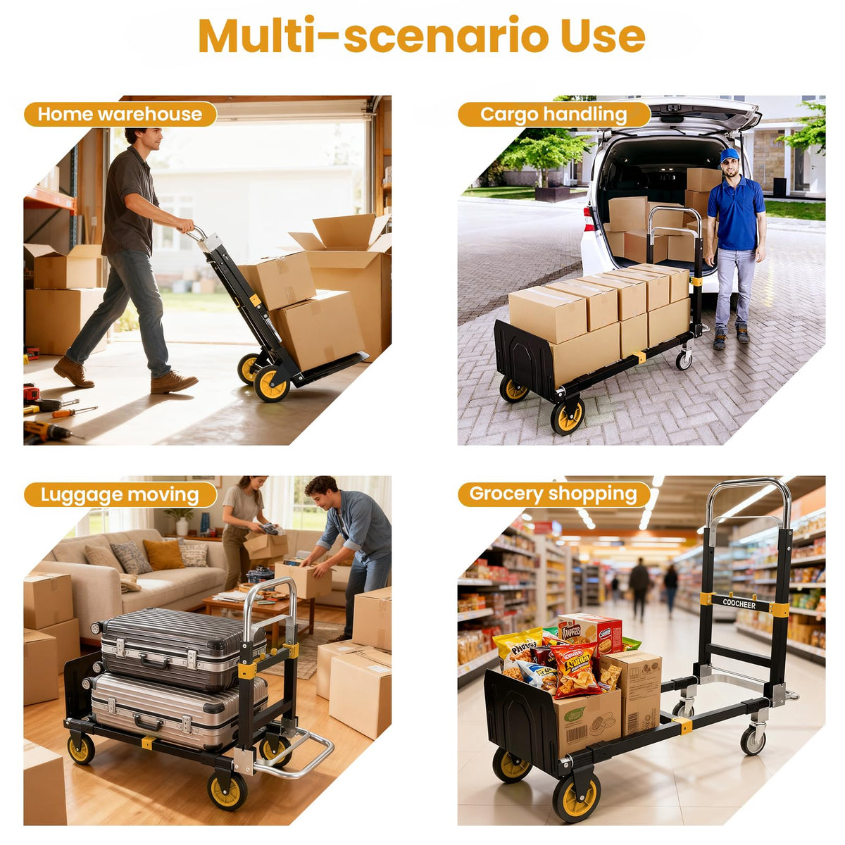 3-in-1 Convertible Heavy Duty Folding Hand Truck Dolly, 600LB Capacity with Rubber& Wheels Telescoping Handles, Portable Collapsible Cart for Warehouse, Supermarket, Office (Orange)