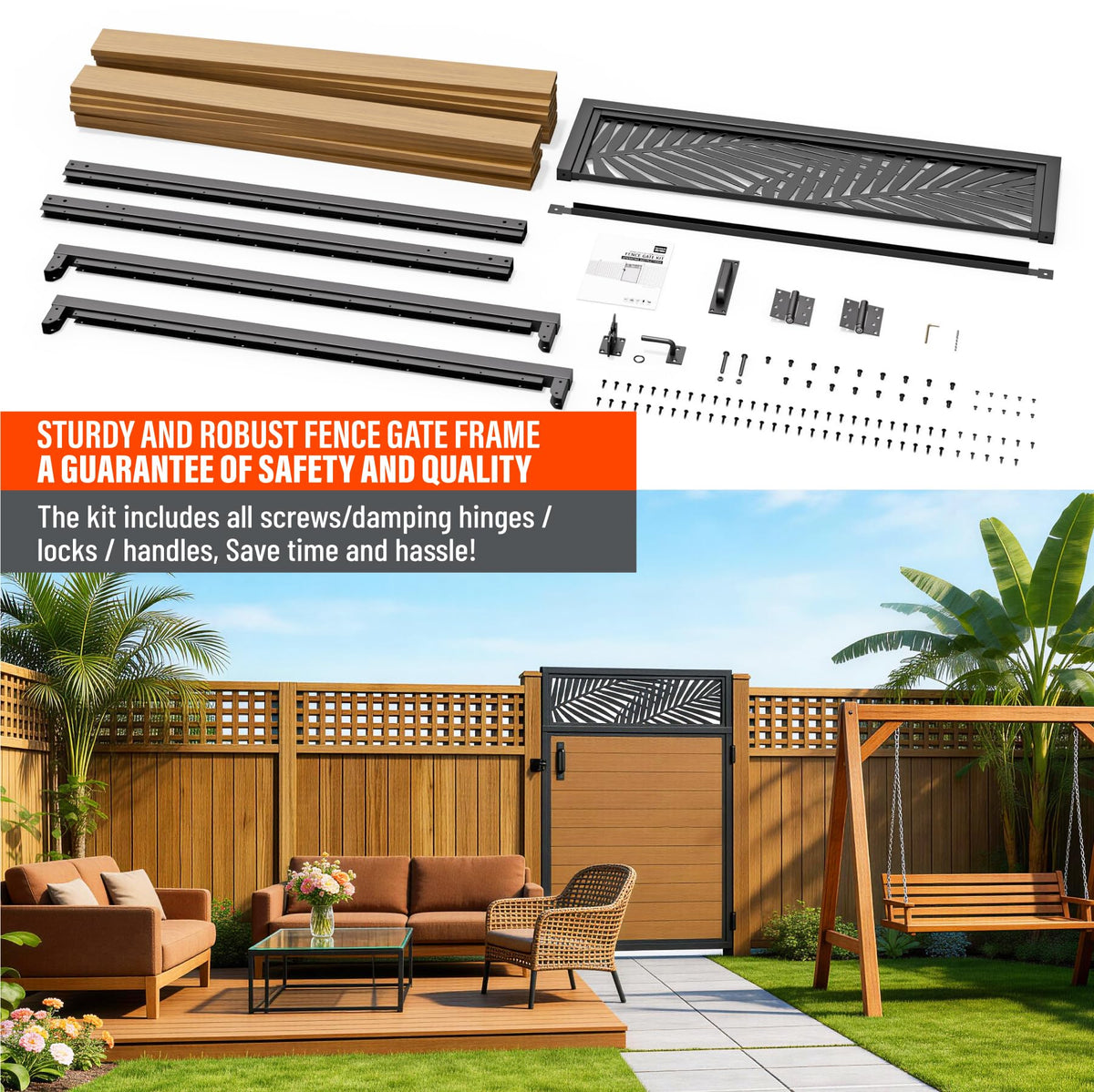 Uphode 4x5FT(46.8" x 59") 201 Stainless Steel Fence Gate Kit Heavy Duty, Anti Sag Metal Fence Gate Frame Kit with Aluminum Board, Morden Garden Gate Hardware Kit Outdoor (Left/Right Free-Installation)