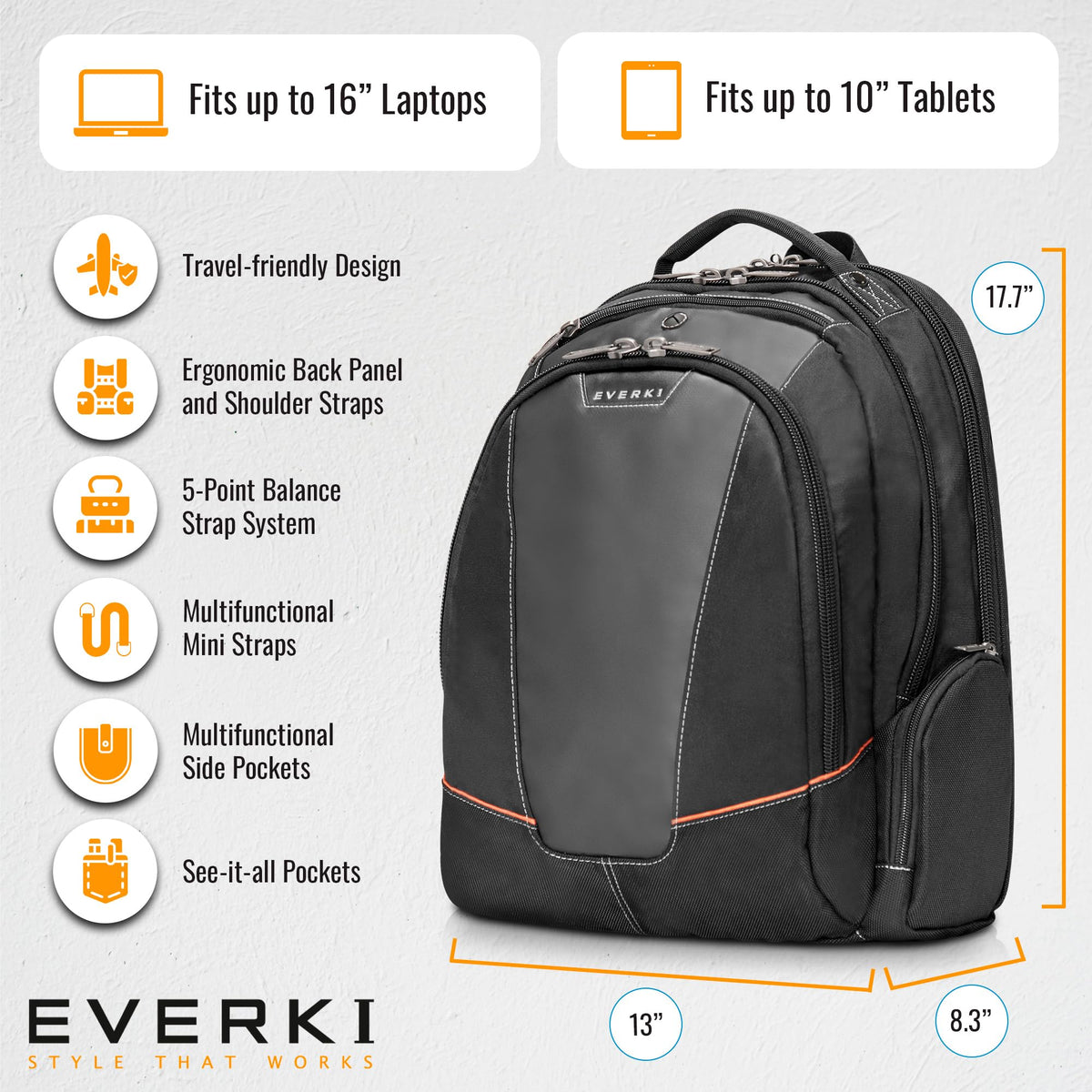 EVERKI Flight Business Laptop Backpack (EKP119) with Orange Accessory Pouch & Rain Cover - Men's Backpack with 16" Compartment, 28.5L Capacity - Flight Business Backpack, Pouch & Cover Bundle