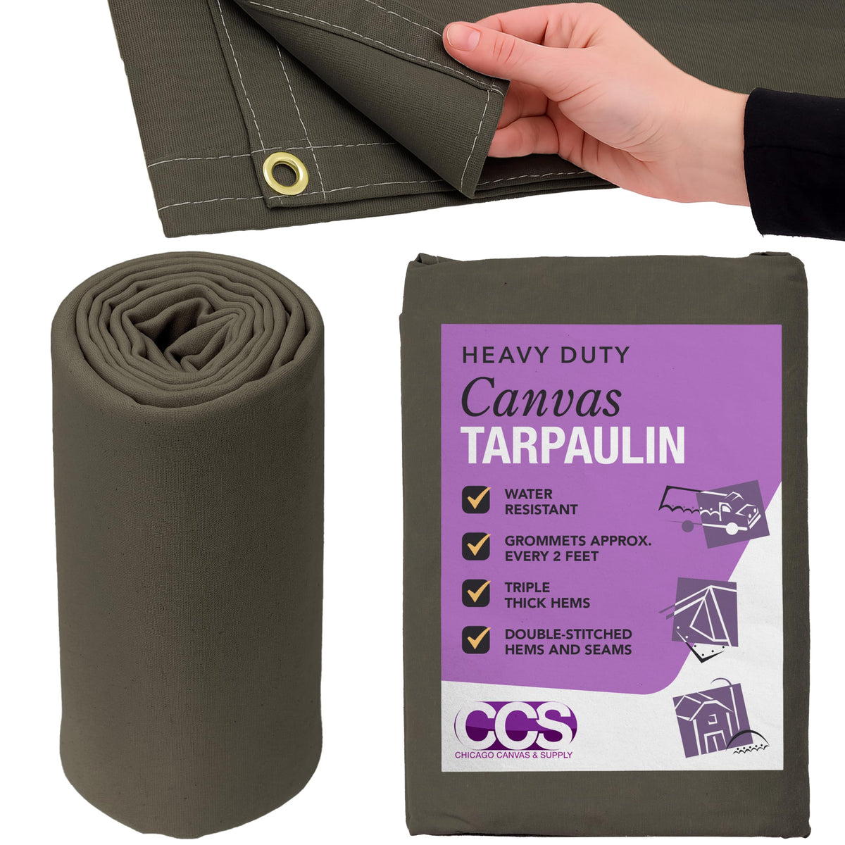 CCS Waterproof Canvas Tarp Cover (21oz) – Heavy Duty Duck Cloth, Waxed Canvas Tarpaulin with Rustproof Brass Grommets for Camping, Construction, Equipment & Outdoor Use (Olive Drab, 10x16 Ft)