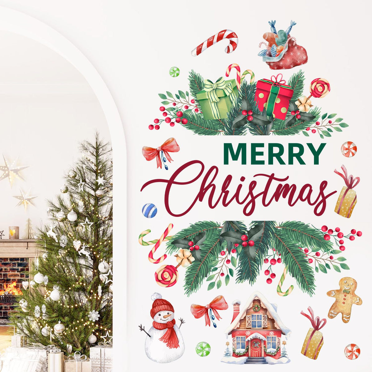 Merry Christmas Wall Decals Stickers Holiday Party Backdrop Decorations Festive Arch Backdrop Home Decor Christmas Photography Background Stickers for Living Room Nursery Home