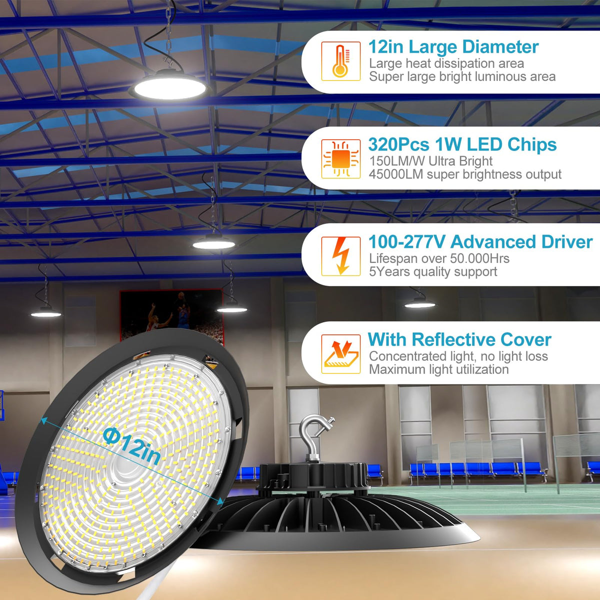 Upgrade 300W High Bay LED Shop Light 45000lm (Eqv.1200W MH/HPS) UFO High Bay Lighting, ETL UFO Lights AC100-277V High Bay LED Light Warehouse,Workshop, Garage & Barn,Plug & Play-6Pack