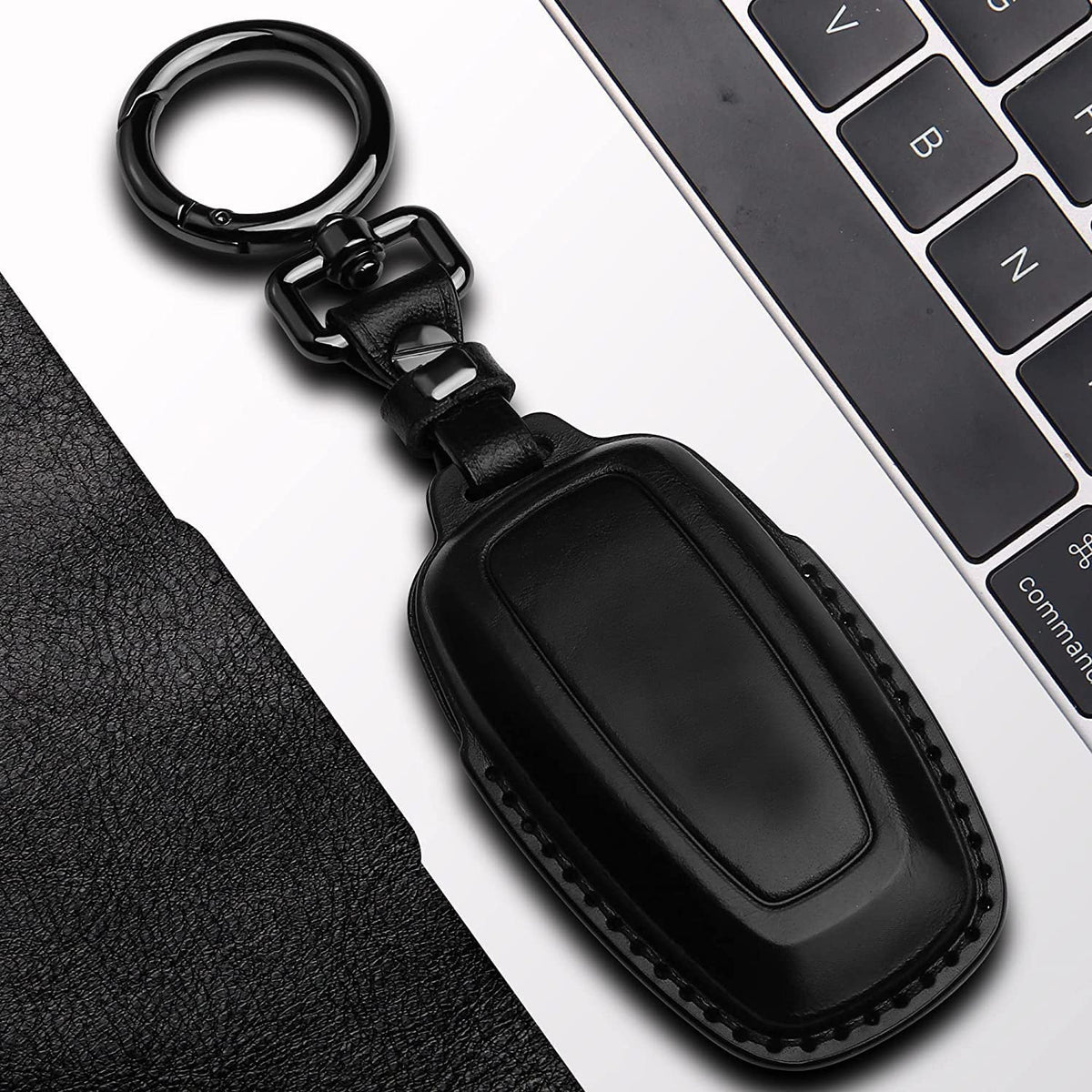 Tukellen for Ford Leather Key Fob Cover with Keychain Compatible with Ford Explorer Mustang Fusion Escape F150 F250 F350 F450 F550 Edge-Black