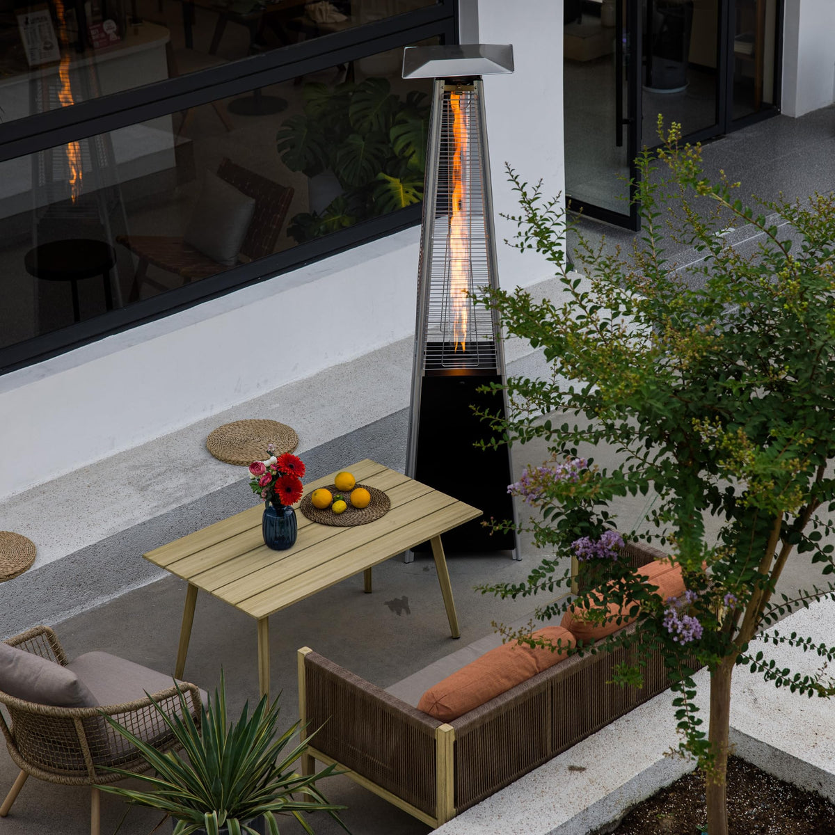Pyramid Patio Heater,48,000 BTU Outdoor Propane Heater with Glass Tube, Propane Tall Tower Design with Wheels & One-Button Ignition for Backyard, Deck, and Commercial Use