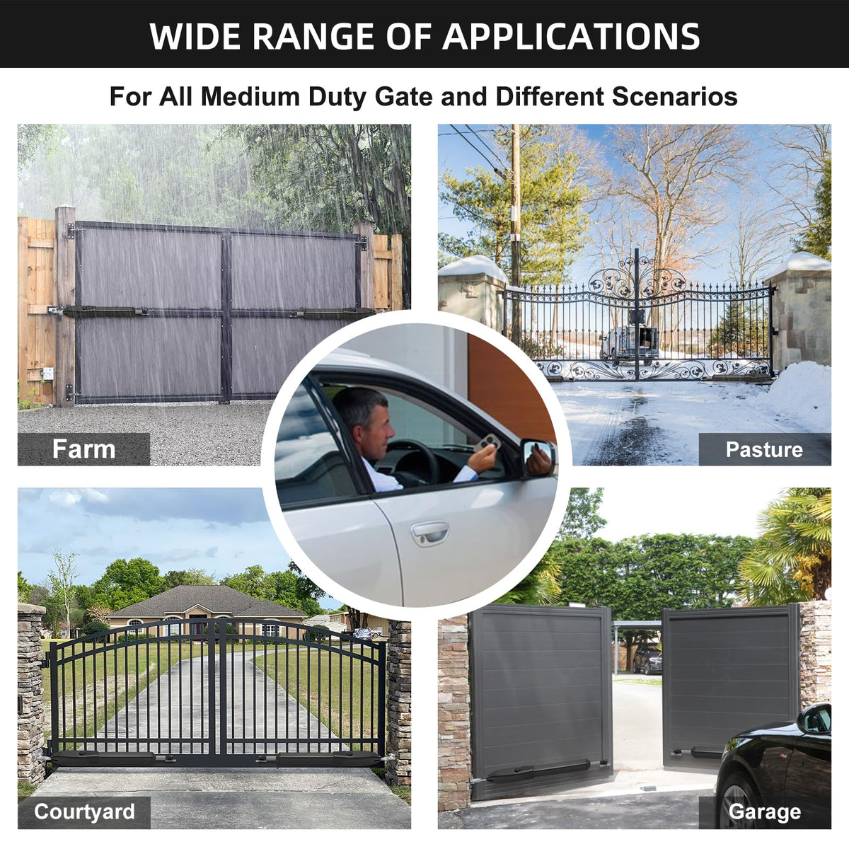 JUJIANG C026 Solar Gate Opener with Batteries & Solar Panel for Dual Swing Gates Up to 1540lb Automatic Gate Opener with Remote Complete Kit Medium Duty Electric Gate Opener Solar Powered 60W Motor