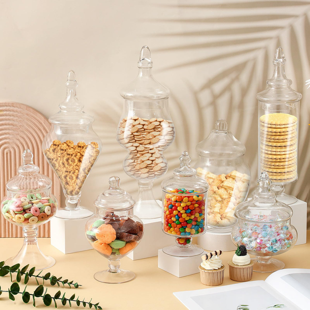 Hushee 8 Pcs Large Apothecary Candy Jars with Lids Glass Clear Candy Buffet Containers Set Apothecary Kit Candy Dishes with Lids for Bathroom Candy Bar Kitchen Decoration