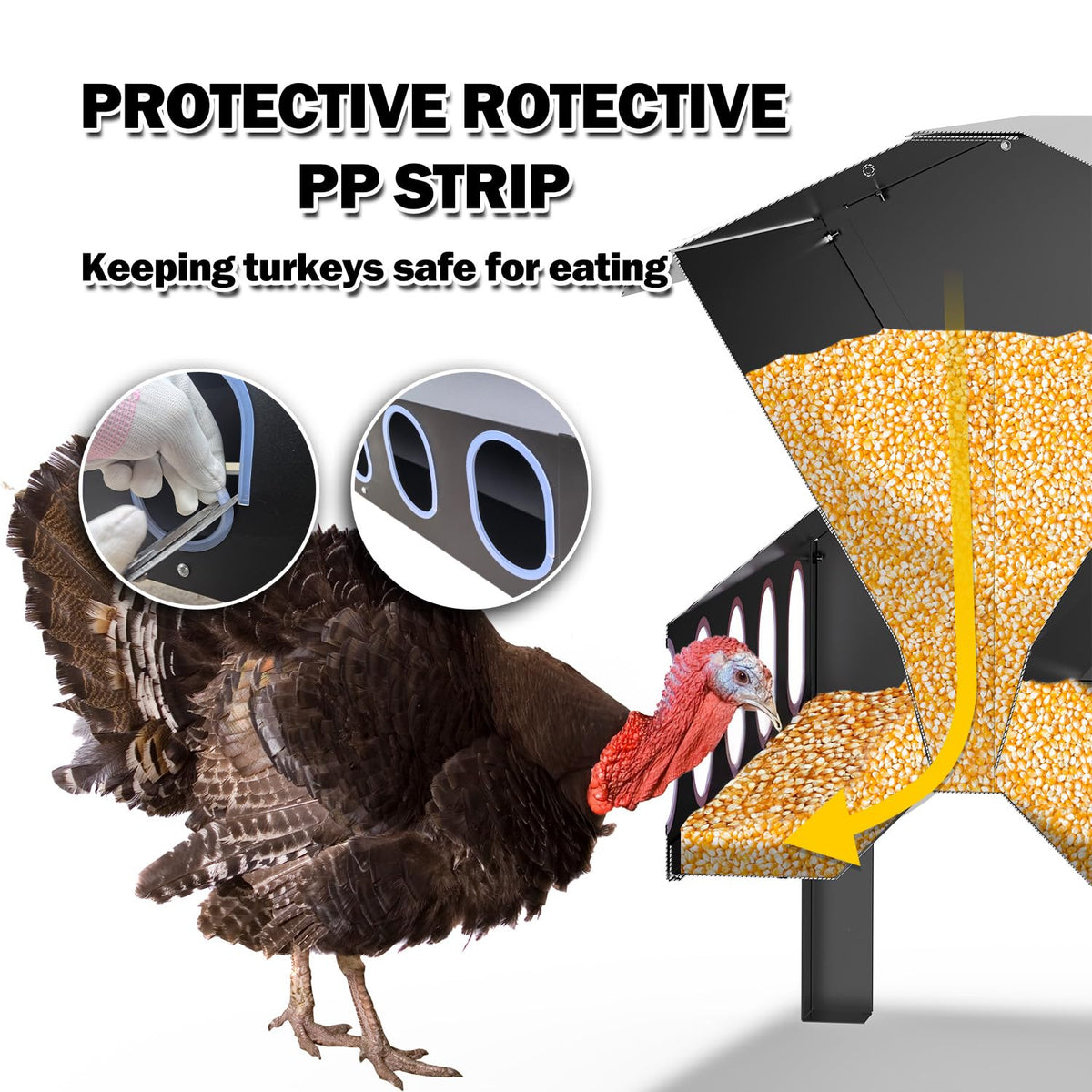 BUYYAH 50-100LB Capacity Turkey Feeder, 10-Port Waterproof Chicken Feeder, Indoor Outdoor Uses, Black