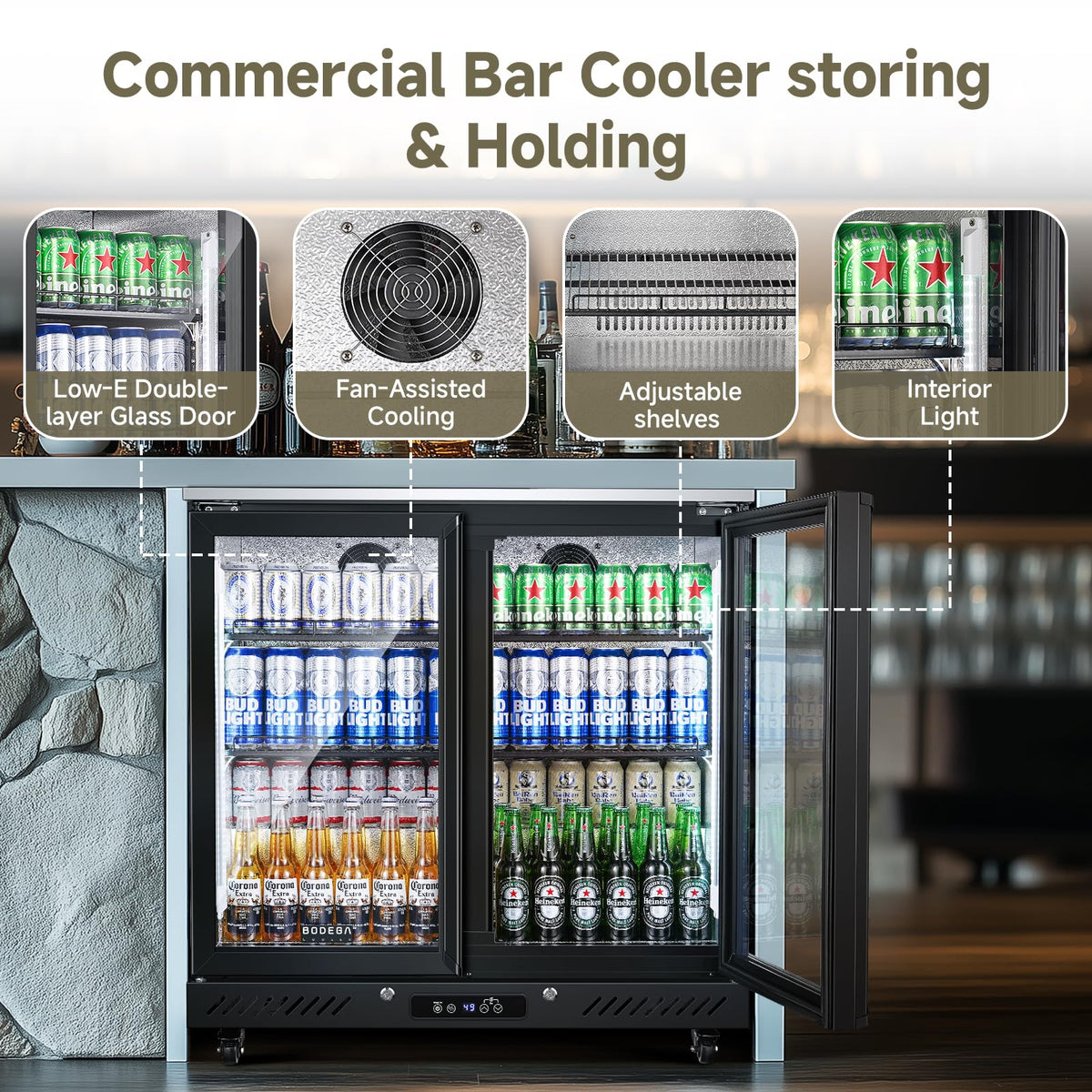 BODEGACOOLER Back Bar Cooler with 2 Glass Doors,7.7 Cu.ft Commercial Bar Beverage Refrigerator Under Counter LED Lighting for Soda Drinks,Beer,Wine with Stainless Steel Top,DOE Approved,4 Casters