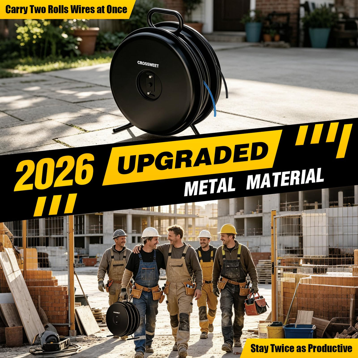 Upgraded 415D Wire Dispenser Wheel, Dual Capacity 2-Reel Wire Dispenser with Easy Grip Handle & Aluminum Reel, Compatible with 250ft 14/2 14/3 14/4 12/2 12/3 10/2 Electrical Wire Rolls