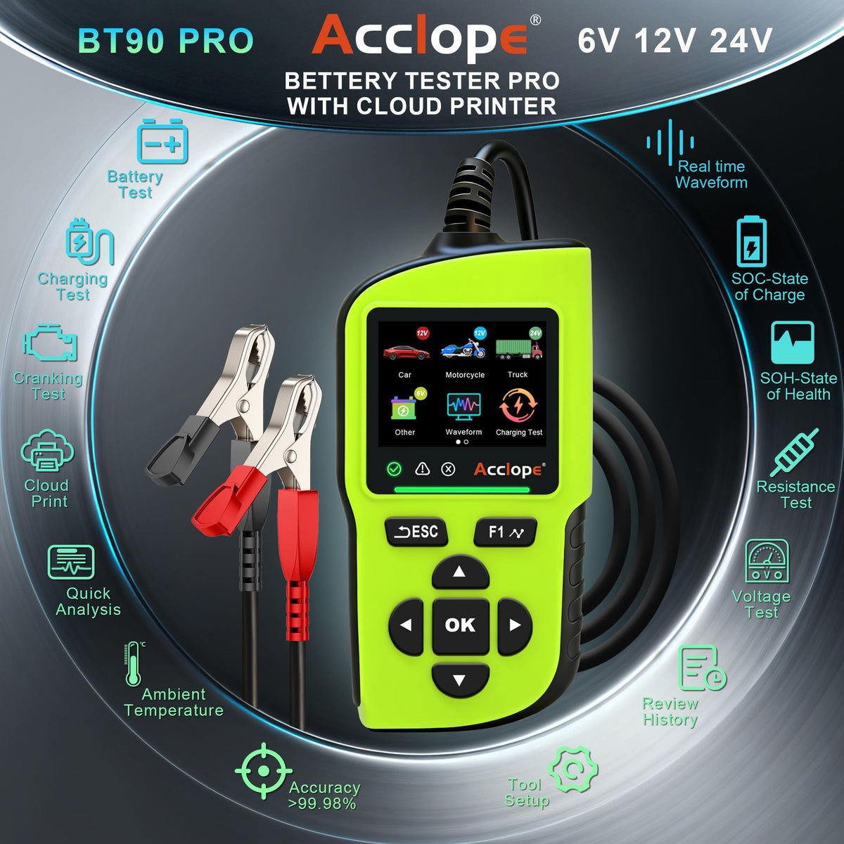 Acclope BT90 PRO 2-360Ah Battery Tester with Cloud Printing, 30-3800 CCA, 6V/12V/24V Digital Analyzer, SOH/SOC/Volt/Res/Cranking&Charging Test, Real‑Time Ambient Temp, AGM/EFB/Gel/Li