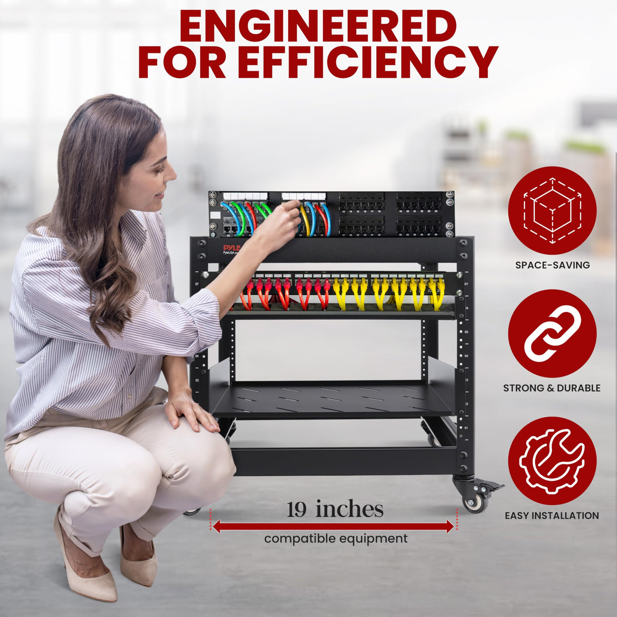 Pyle 10U Network Cabinet, Enclosed Network Rack with Lockable Door | Vented 1U and 2U Rack Shelves with 440 lb Capacity | Steel Construction, 19 in Standard Design | Hardware Included | Black