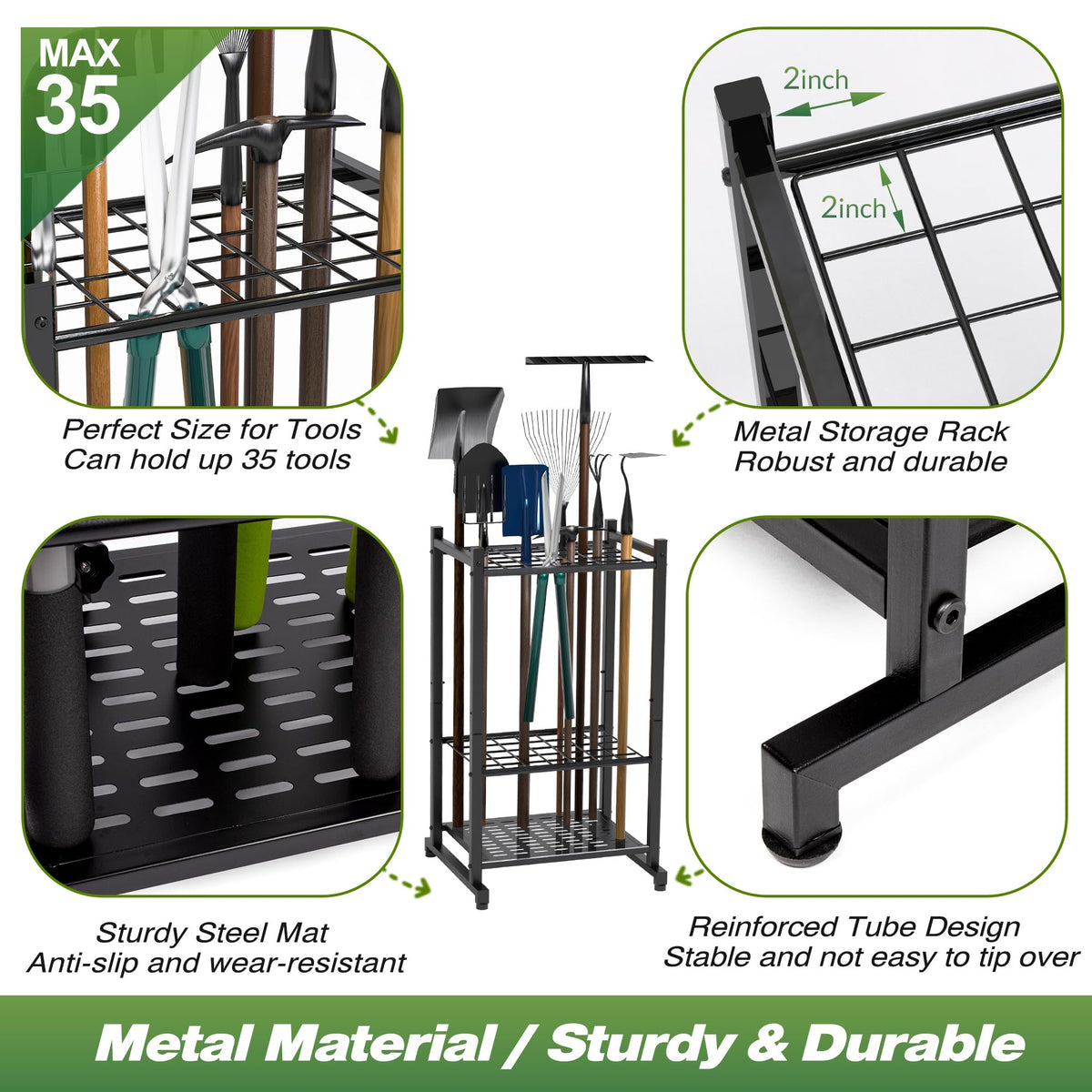 Garden Tool Organizer, Yard Tool Tower Rack for Garage Organization and Storage, Up to 35 Long-Handled Tools/Rakes/Brooms, Heavy Duty Steel Garden Tool Stand for Shed, Outdoor, Black