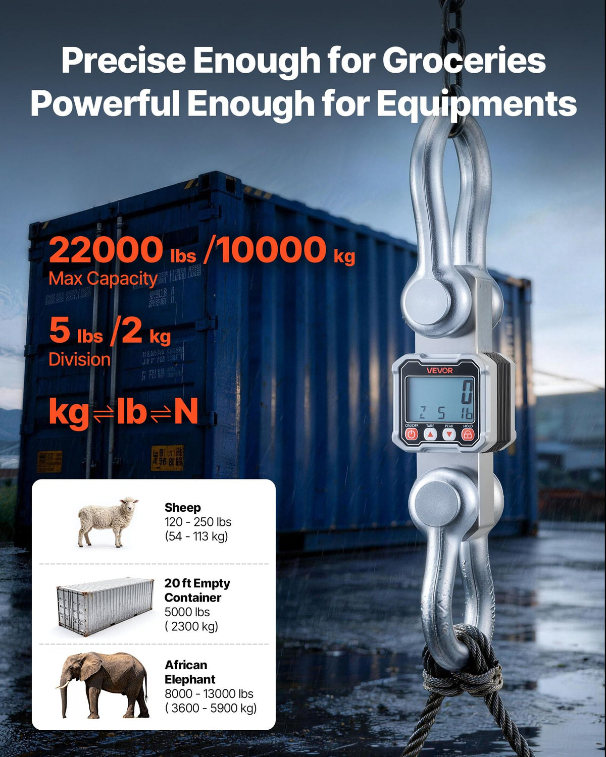 VEVOR Digital Crane Scale, 22000 lbs/10 T Max Capacity, Heavy Duty Industrial Hanging Scale with Cast Aluminum Case & LCD Display, 5 lbs Division & 3 Unit Switch, Remote Control for Garage Factory