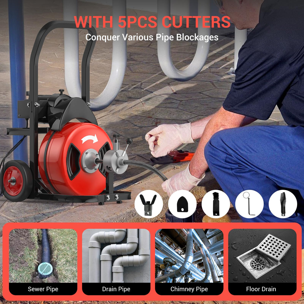 100Ft 3/4 Inch Electric Drain Cleaner Machine, 750W Auto Feed Sewer Snake Drain Auger with 6 Cutters & Air-Activated Foot Switch, Portable Electric Drain Cleaner for 4" to 8" Pipes