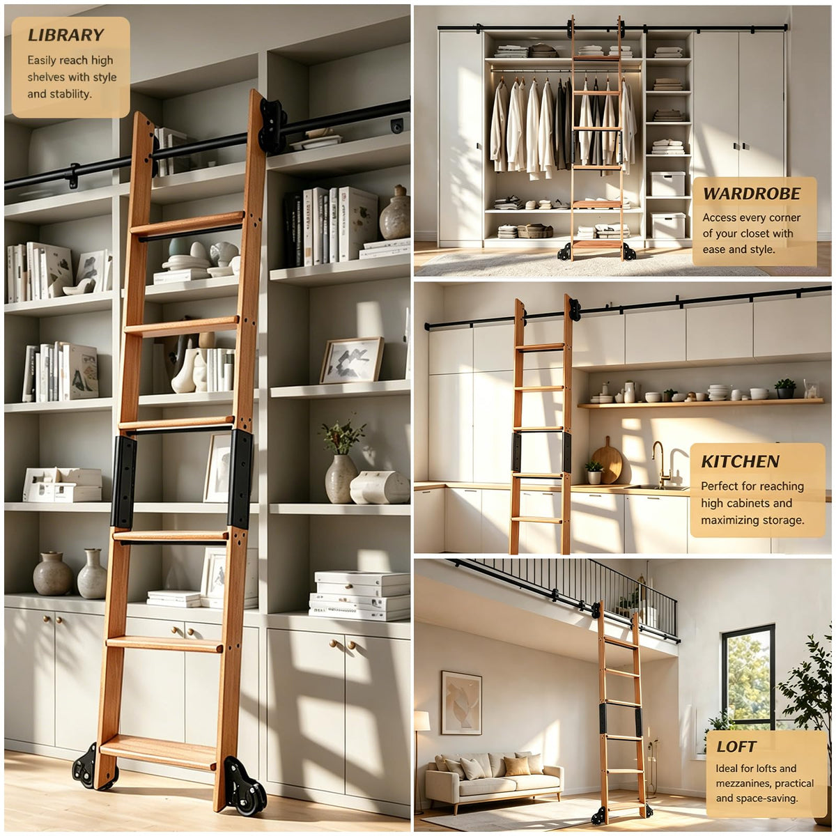 Leinuosen 95 Inch Rolling Library Ladder with 4ft Track Kit, Solid Oak Wood Ladder with Braking Wheels, Sliding Kit for Home, Bookshelf, Loft((Suitable for Installation Height 89-3/4")