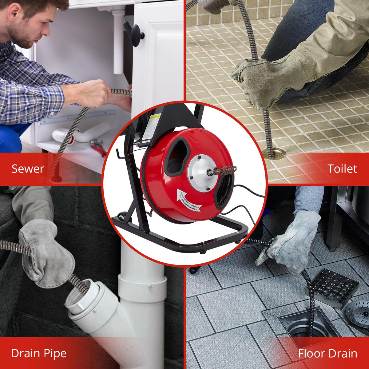 Electric Drain Cleaner Machine, 50FT x 1/2" Cable, 250W Auto-Feed Sewer Snake, 4 Interchangeable Cutter Heads, Air Foot Switch, Portable Auger for 1"-4" Pipes, Home and Commercial Use