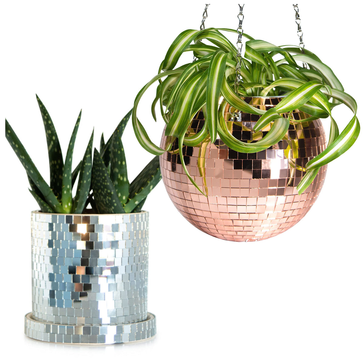 SCANDINORDICA Disco Ball Planter 8" Rose Gold with Chain and Macrame Hanger and Disco Ball Planter Pot 4.3" with Saucer (0.3x0.3 mirror tiles)