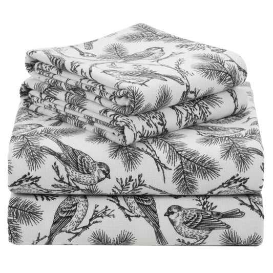 California Design Den Flannel Full Sheet Set - Made in Portugal 100% Cotton, Thick, Velvet Soft 4-Piece Bed Sheets Set, Triple-Brushed with Extra Deep Pockets - Winter Birds